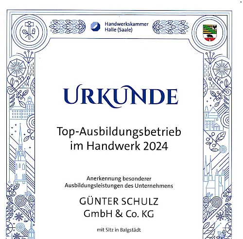 Urkunde Top Ausbildungsbetrieb im Handwerk 2024 verliehen von der Handwerkskammer Halle-Saale