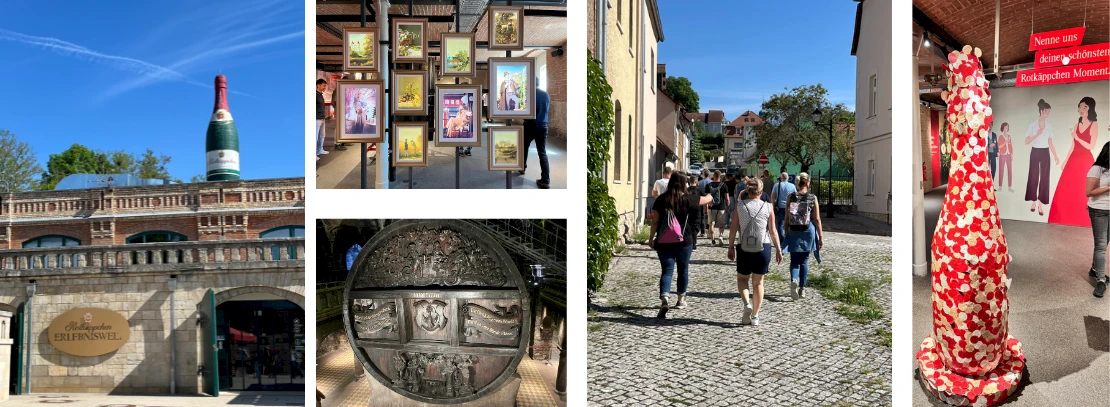 Bildcollage Firmenwandertag Rotkäppchen Sektkellerei mit Außenansicht, Riesenfaß, Wandergruppe, Bildergalerie und Riesensektflasche mit Post-Its beklebt