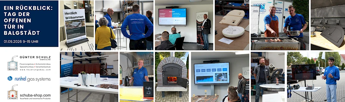 Tag der offenen Tür Bildcollage mit Teamfotos, Backofen, Vorträgen, Mitarbeitern am Grill, Willkommensschild